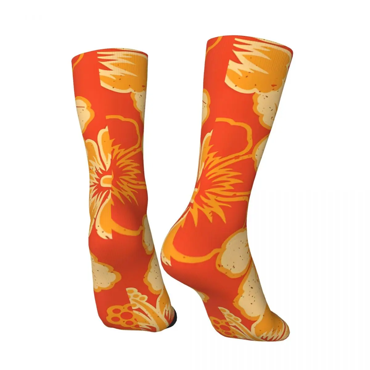 Vintage Hawaiian Orange Hibiscus Flower Pattern Men's Socks Vintage Harajuku Street Style Novelty Casual Crew Sock