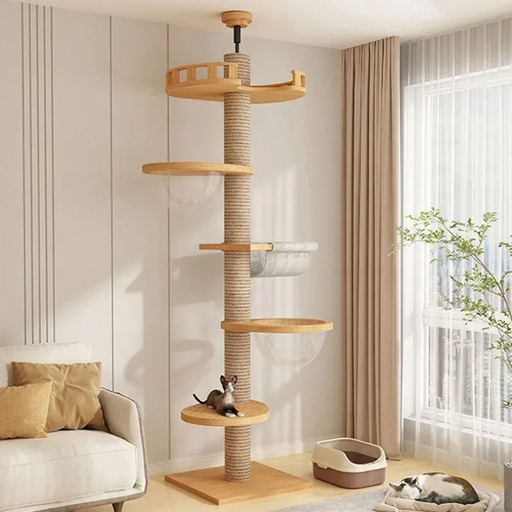 Árbol para gatos de suelo a techo, torre para gatos con poste rascador, hamaca de suelo a techo, casa de árbol para mascotas, muebles para mascotas, juguete de escalada