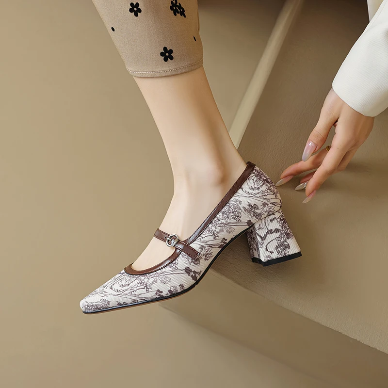 2024 new spring women pumps natural leather shoes 22-24.5cm Printed fabric+sheepskin+pigskin square toe Mary Jane shoes women