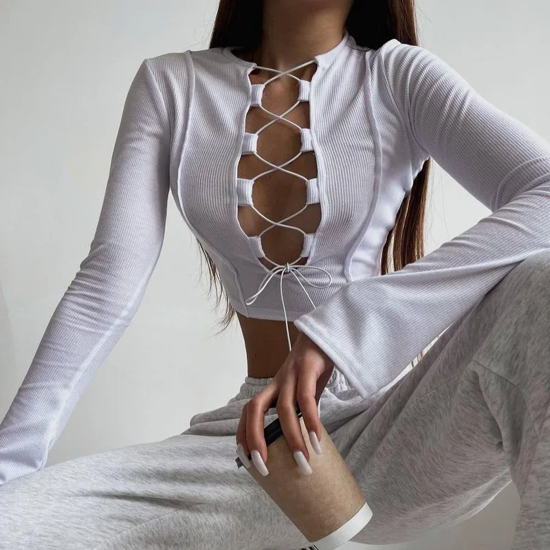 

Women's Hollow Lace T-irt Cotton Long Sve Top Spring 2023 Faion Ladies' Other Sle No Brand Z937 Other Fabric