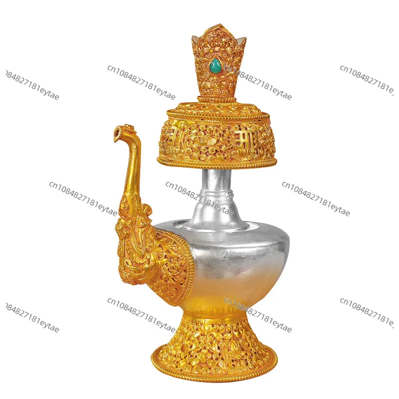 Tibetan Gilded Silver Benba Pot, Handmade Eight Auspicious Patterns, Home Decor Vase