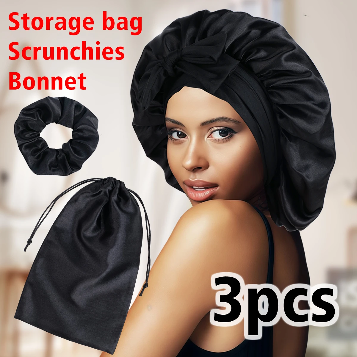 Satin Bonnet for Sleeping with Storage and Hair Scrunchies -  Hair Care Cap with Adjustable Headband