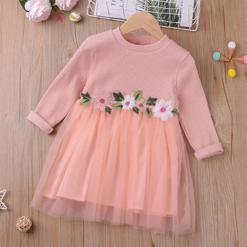 

Humor Bear Spring and Autumn Girls Long Sleeve Dress Lace Collar Mesh Yarn Patchwork Princess Dress Kids Clothes