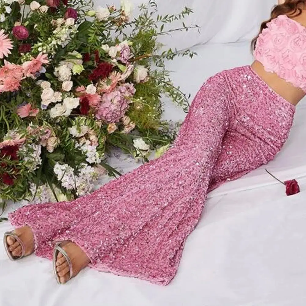 Frauen Elastische Hohe Taille Breite Bein Pailletten Hosen Funkelnden Glitter Stretchy Stoff Casual Party Club Datum Streetwear Hosen