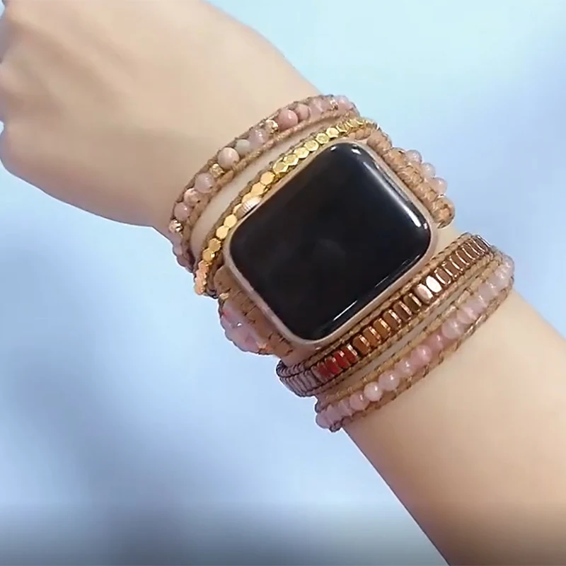 Pulseira de quartzo rosa para apple watch amor e romance rosa cristal boho pulseira de enrolamento tecida à mão para apple watch