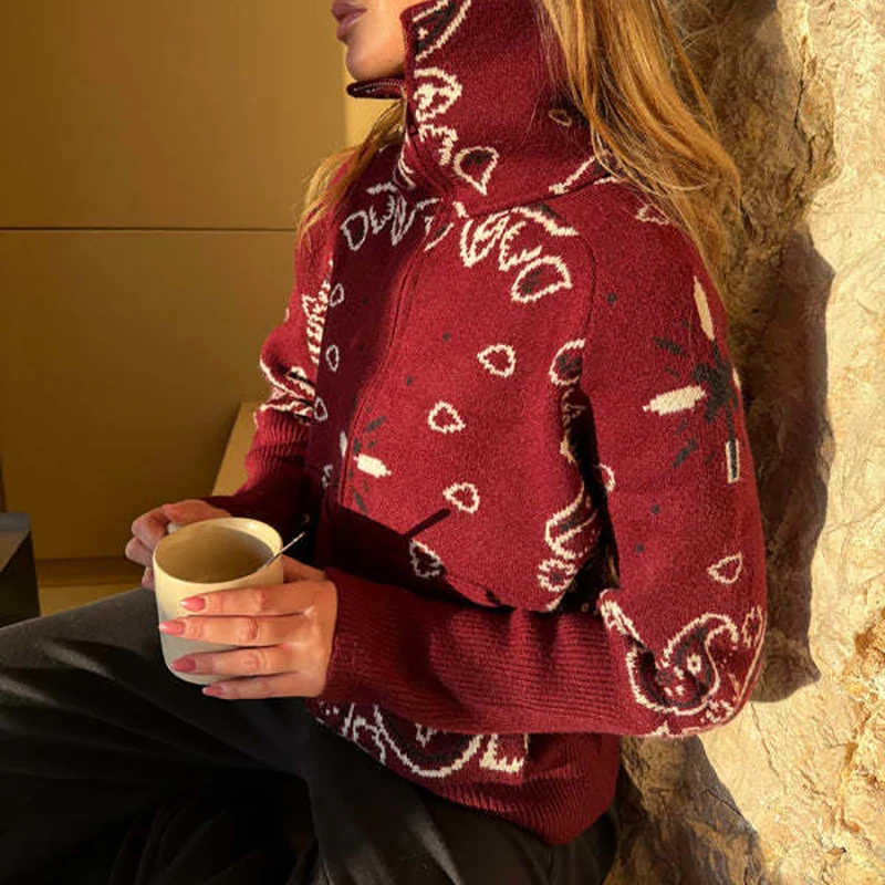 Casual Pockets Knitted Coat Streetwear Women Print Zip Up Knitting Top Jackets High Collar Long Sleeve Paisley Pattern Cardigans