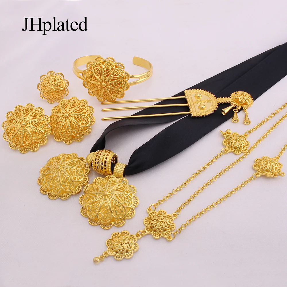 Ethiopian gold plated Jewelry sets earrings hairpin necklace bracelet rings African wedding gifts India Black rope set for women