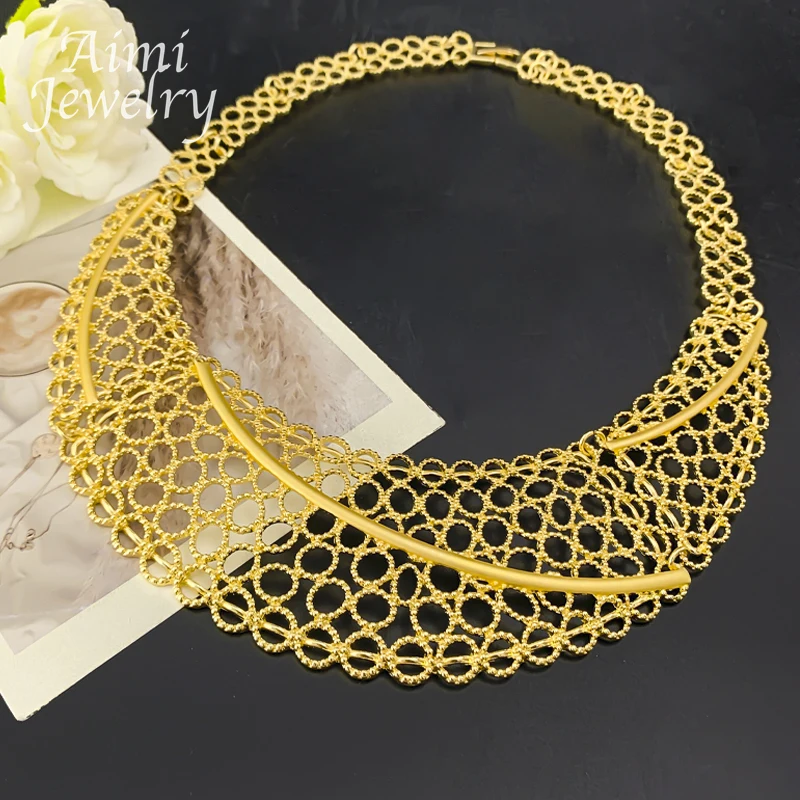 Brazilian Dubai 18K Gold Plated Collar 4Pcs Jewelry Sets Chunky Choker Necklace Earring Bracelet Ring Bridal Wedding Party Gifts