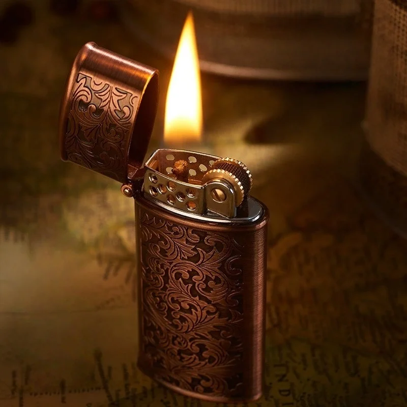 Retro Wheel Lighter 3-Dimensional Carving Pattern Tang Grass Oil Lighter Zinc Alloy Lighters Personalized Creative Men'S Gifts