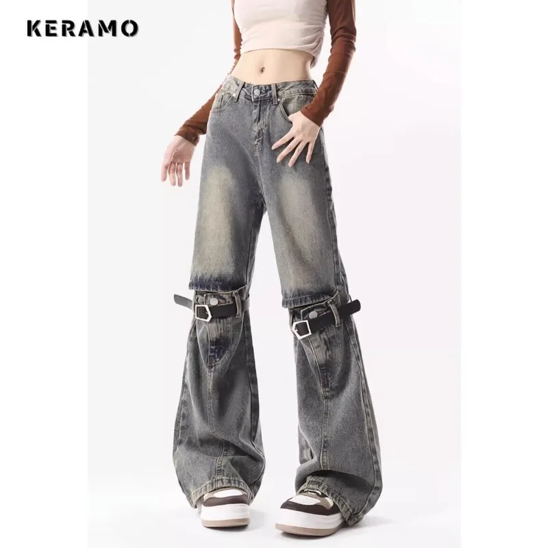 

Vintage Belted Design High Waist High Street Blue Straight Jeans Pants Korean Fashion Women's Wide Leg Baggy Y2K Denim Trouser