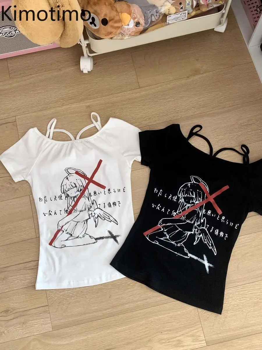 Kimotimo Japanese Kawaii Anime Print Short Sleeve T-shirt Women Summer Slim Waist Y2k Aesthetic Crop Top Sweet Cute Grunge Tees