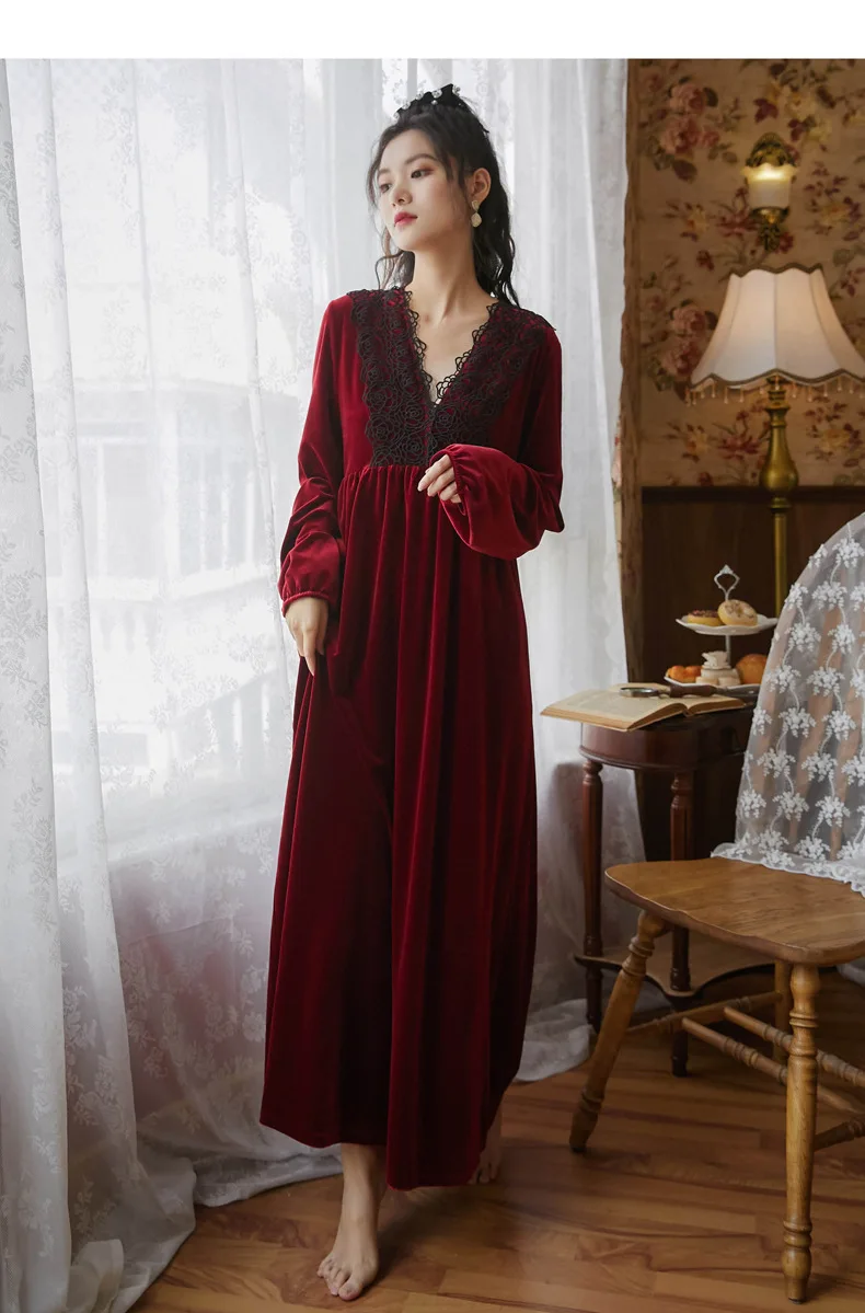 Sexy Velvet Long Night Dress Women Autumn Winter Velour Courtly Style Vintage Nightgown Sleepwear Princess Nightie