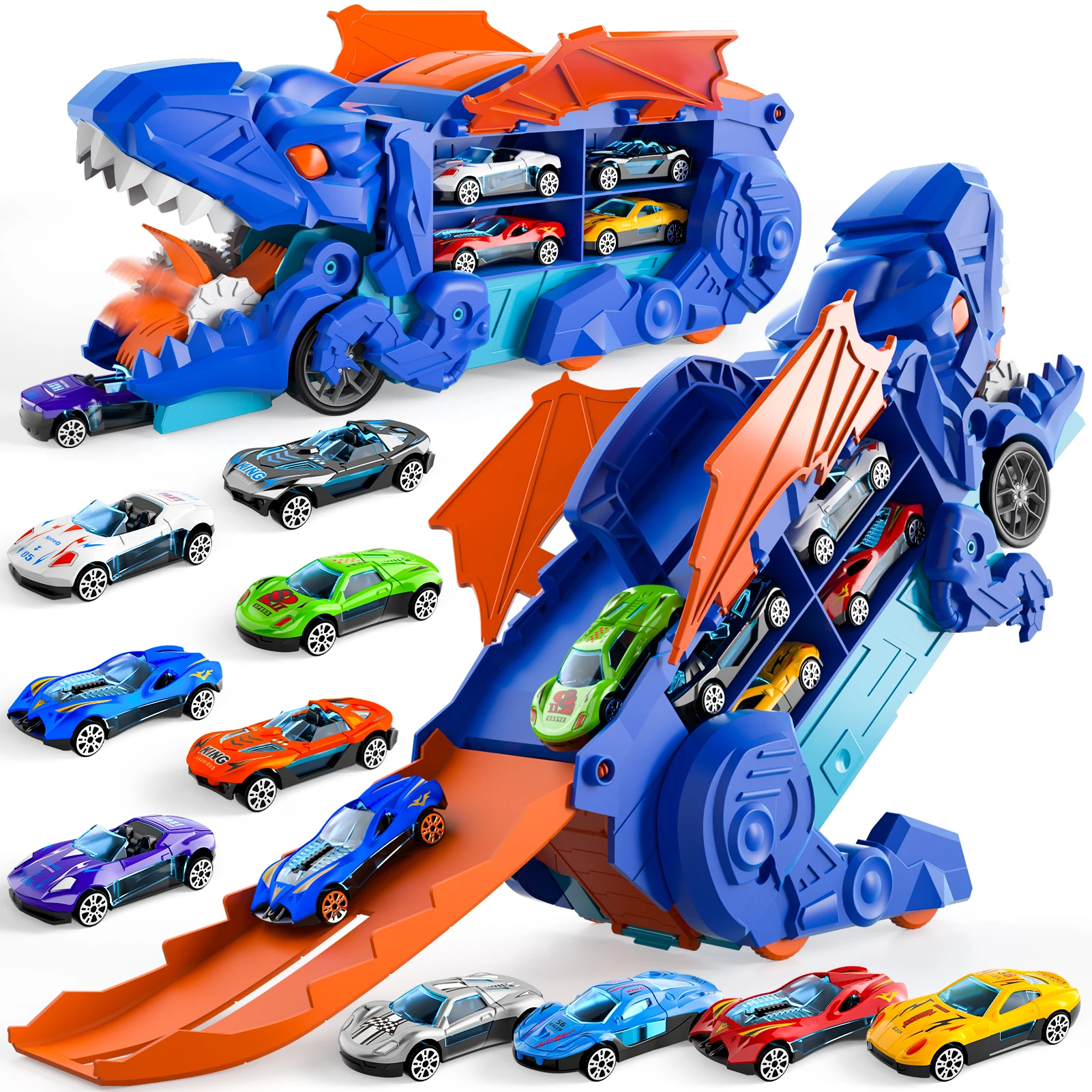 Truck Toys For Boys, Toys Cars Track Set Dinosaur Transporter Truck With 10 Die-Cast Car Toys, Transforms Into Dino