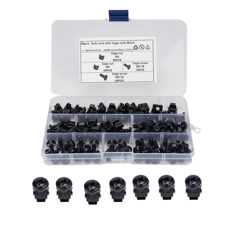 

50Pcs M5 12mm Nuts and Screw Screw with Cage Nuts Black for Server Rack Cabinet Rack Mount Screws and Square Insert Nuts