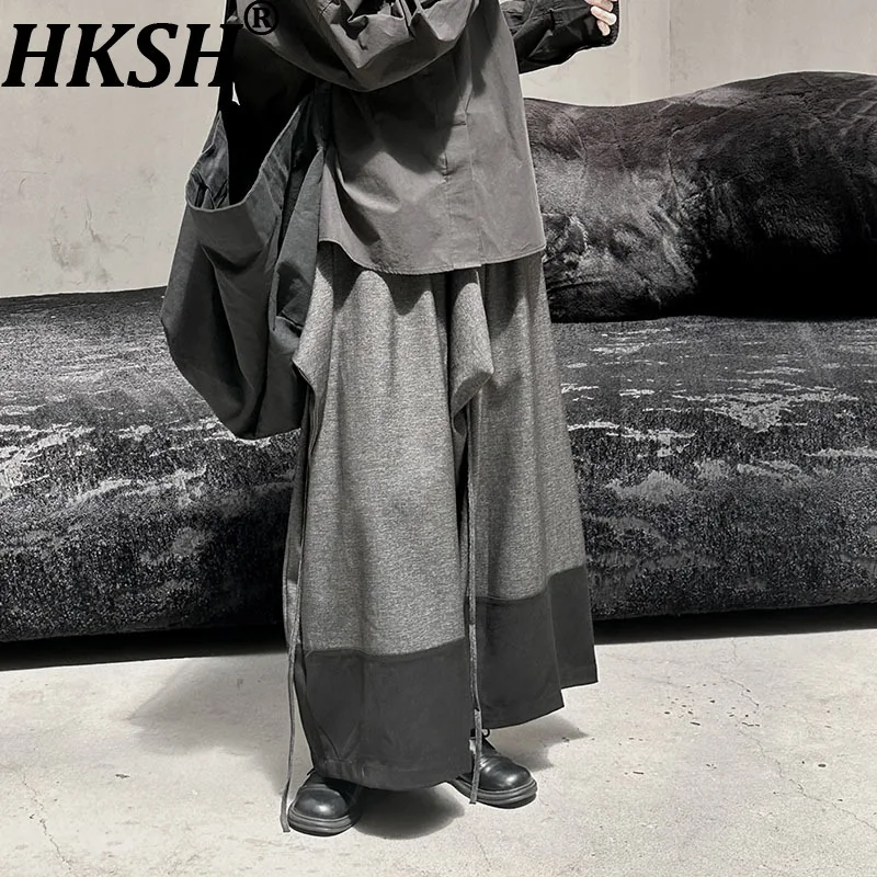 

HKSH Весна Осень Новые Женские Широкие Брюки Шерстяные Лоскутные Контрастные Цветные Пуговицы Эластичная Талия Темный Шик Повседневный Модный HK12898