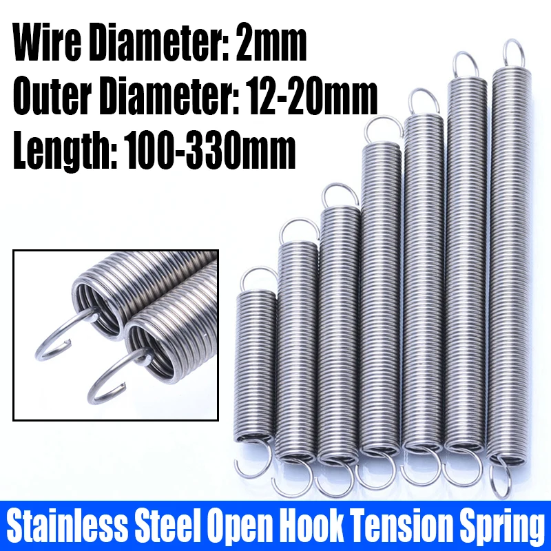 

1PCS 2mm Wire Dia 304 Stainless Steel Open Hook Tension Spring S Hook Extension Spring Coil Pullback Spring L=100-330mm