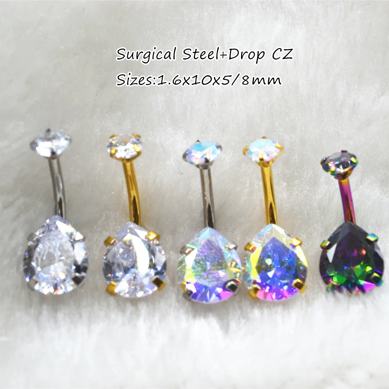 50PCS Surgical Steel Shine Water Drop CZ Navel Belly Ring Button Bar Internally Thread Navel Rings Body Piercing Jewelry 14G