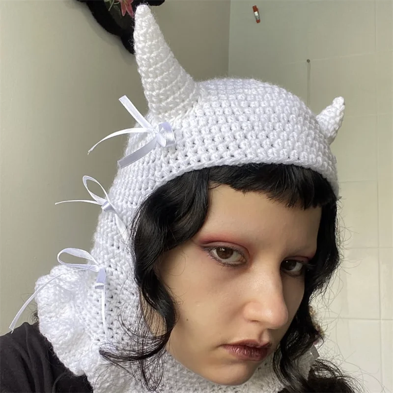 White Crochet Devil Horn Balaclava with Satin Bows White Crochet Devil Horn Balaclava with Delicate Satin Bows, Handmade Goth Al