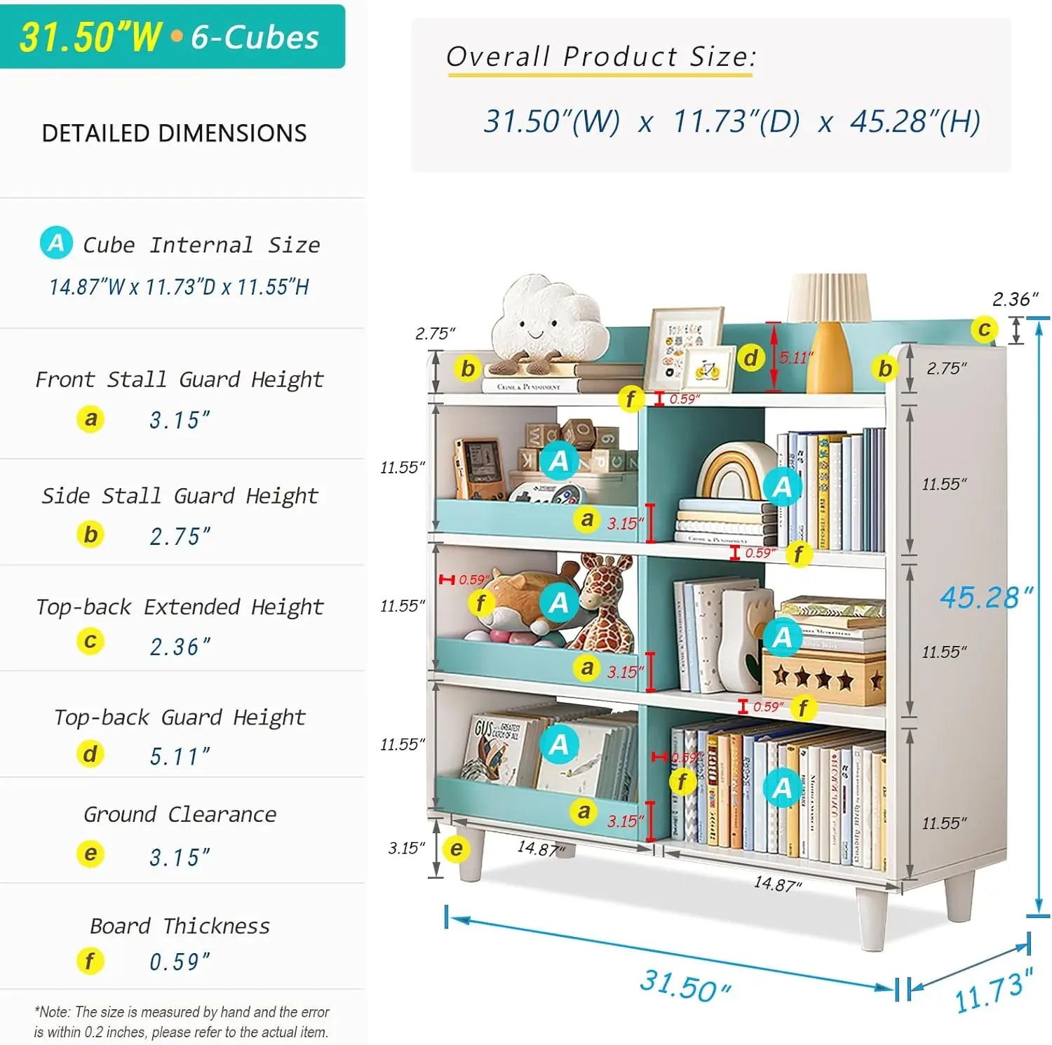 Wooden Cube Bookcase with Legs - 3-Tier Open Shelf Kidsroom Sorted Storage Cabinet Organizer for Books and Toys, 6-Cube Lattice