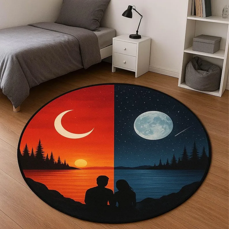 رومانسية زوجين جولة البساط يوم ليلة تصميم البصرية 3D نمط ليلة السماء السجاد النجوم القمر ليلة السماء السجاد ديكور المنزل