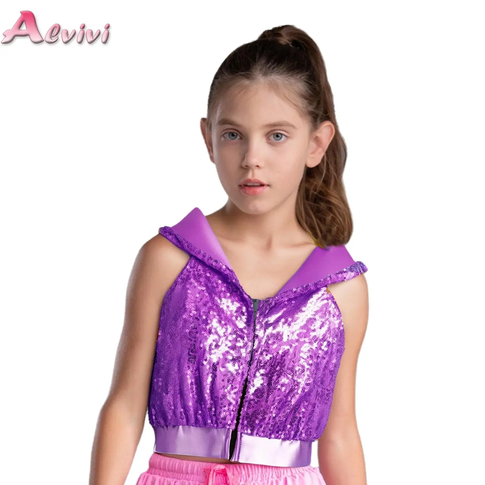 

Kids Girls Sparkling Sequins Hooded Crop Top Hip-Hop Jazz Performance Dance Costume Sleeveless Backless Front Zipper Dancewear