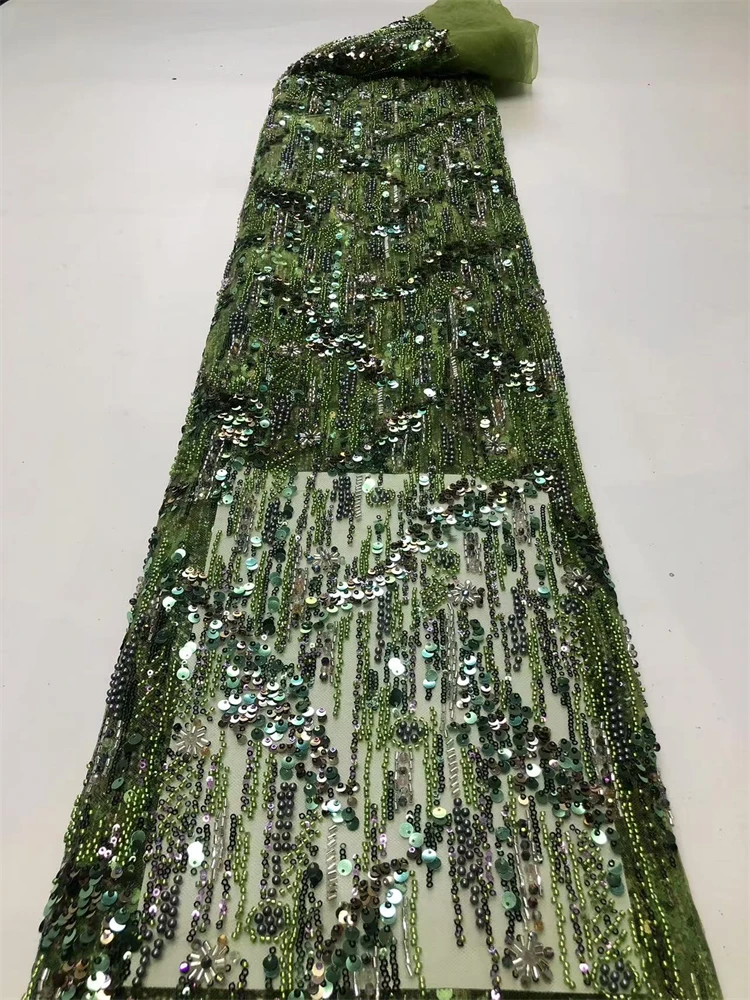 ドレス縫製用のハイエンドのヘビービーズ生地、最新のアフリカの高級品、フレンチスパンコール、新郎刺繍、5ヤード、2025