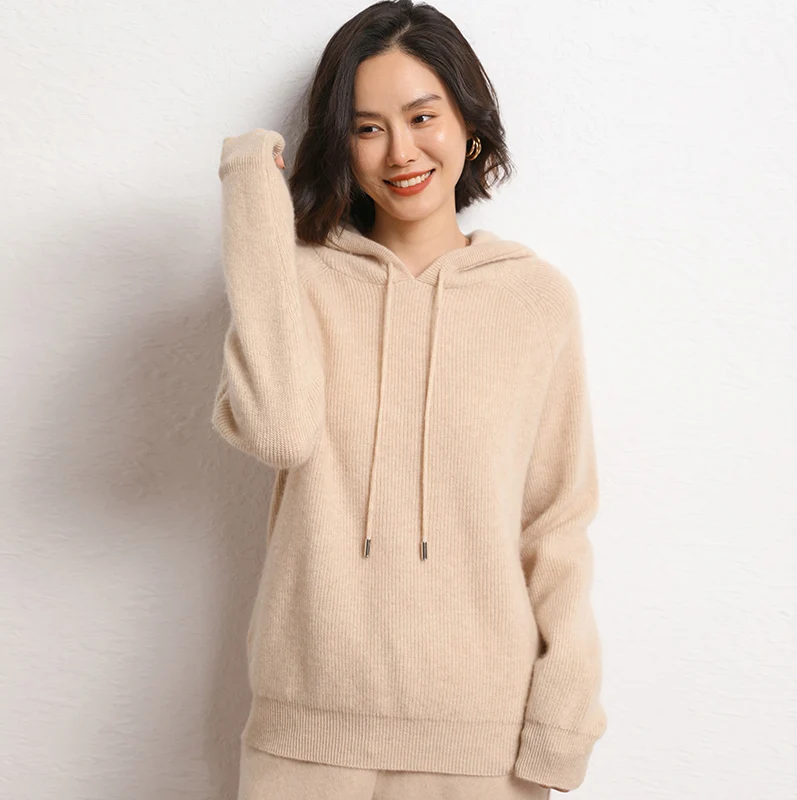 2022 Spring Autumn New Womens 100% Cashmere Sweater Fashion 6 Colors Female Knitted Hooded Pullover Loose Soft Knit Classic