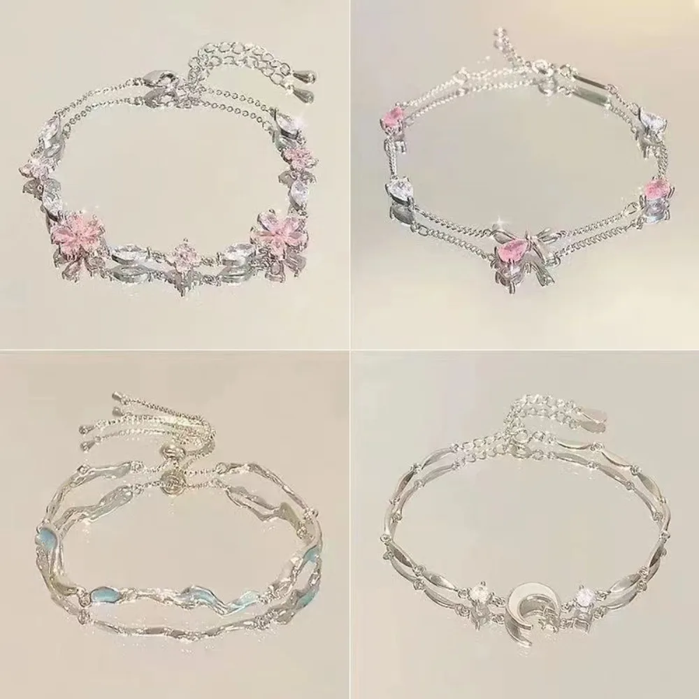 Cute Charm Pink Crystal Flower Bowknot Moon Bracelet for Women Exquisite Fashion Silver Color Zircon Bangle Jewelry Friend Gift