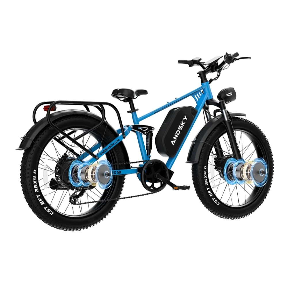 ANDSKY Apex50 AWD Electric Bike 3000W Dual Motor 52V/48V 25Ah Removable Dual Battery 160Miles Super Long Range Adults 35MPH Full Suspension 26x4 Fat Tire Off-Road E-Bike with 6-Piece Kit - view 8
