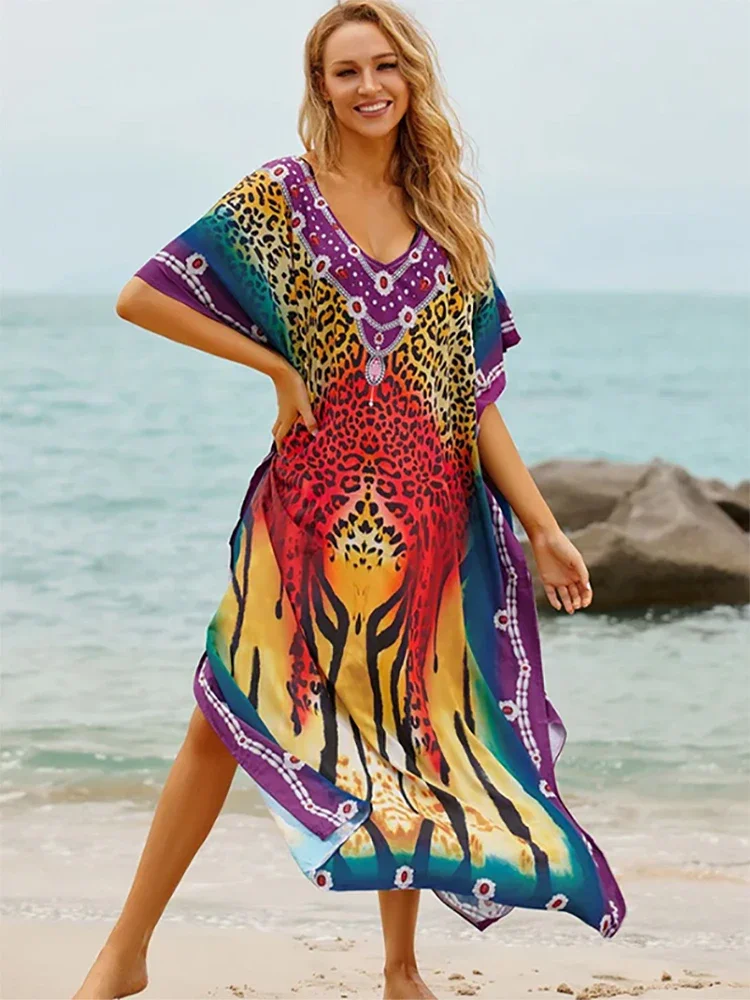 Sunforyou Moo Moos Leopard Print Kafftan Dresses for Women Plus size Swimsuit Cover Up Sliky Caftans Loungewear Robe Pareos