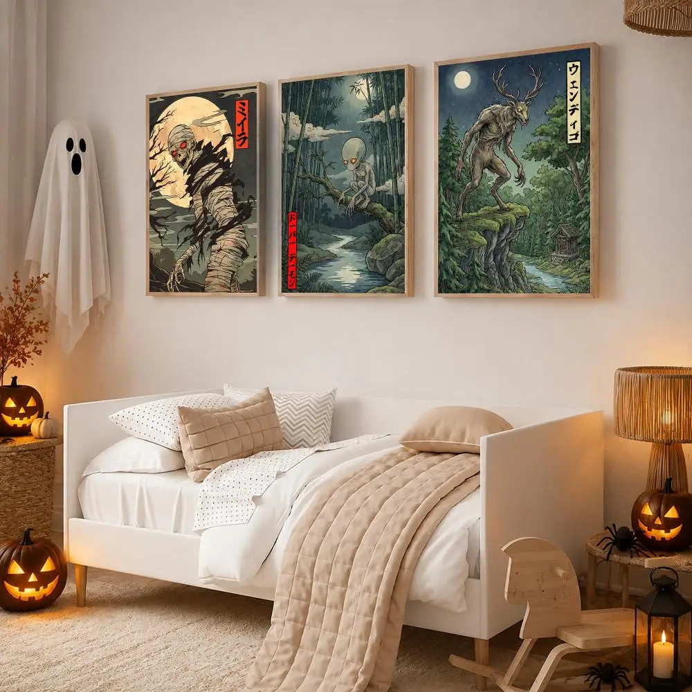 Japanese style Monsters halloween Poster Wall Art Print Vintage Dark Aesthetic Gothic Poster Spooky Home Decor