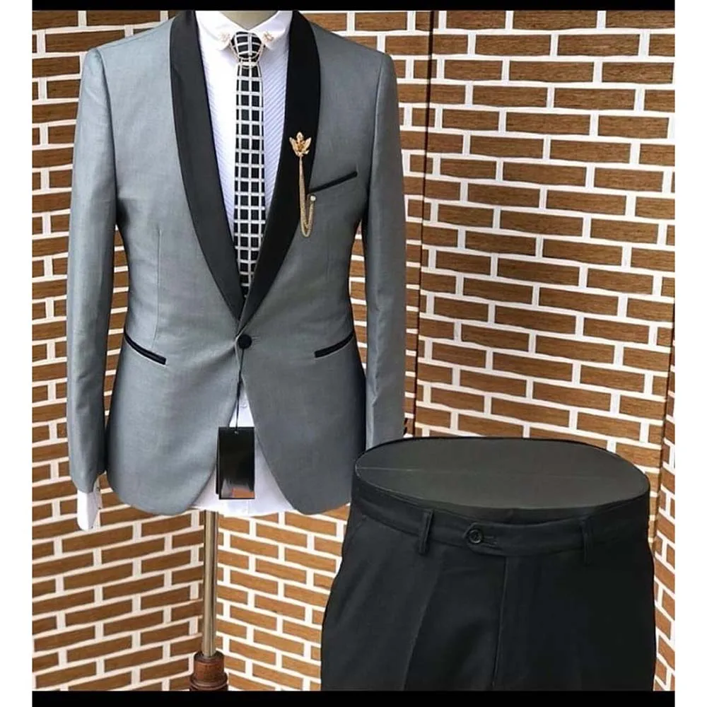 

Tailor Slim Fit Men Suits Grey Blazer Black Shawl Lapel Pants 2 Piece Formal Office Work Groomsmen Outfits Costume Homme