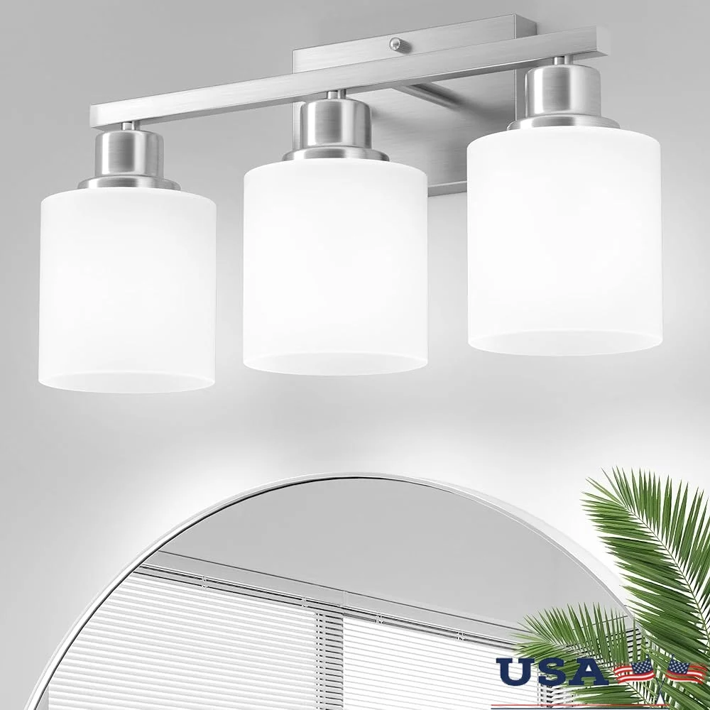 

Bathroom Lighting Fixtures Over Mirror 3-Light Brushed Nickel Vanity Sconce E26 Base Eye-Caring Milky Glass Shades Rustproof