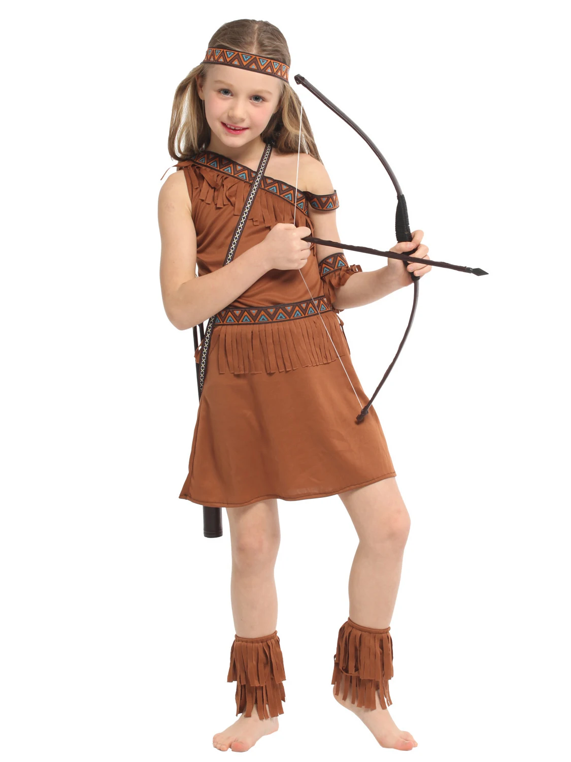 Tatlı hint prenses kadın kostümü yerli okçu avcısı Cosplay çocuk yürümeye başlayan 3-4T 4-8Y cadılar bayramı Purim süslü elbise