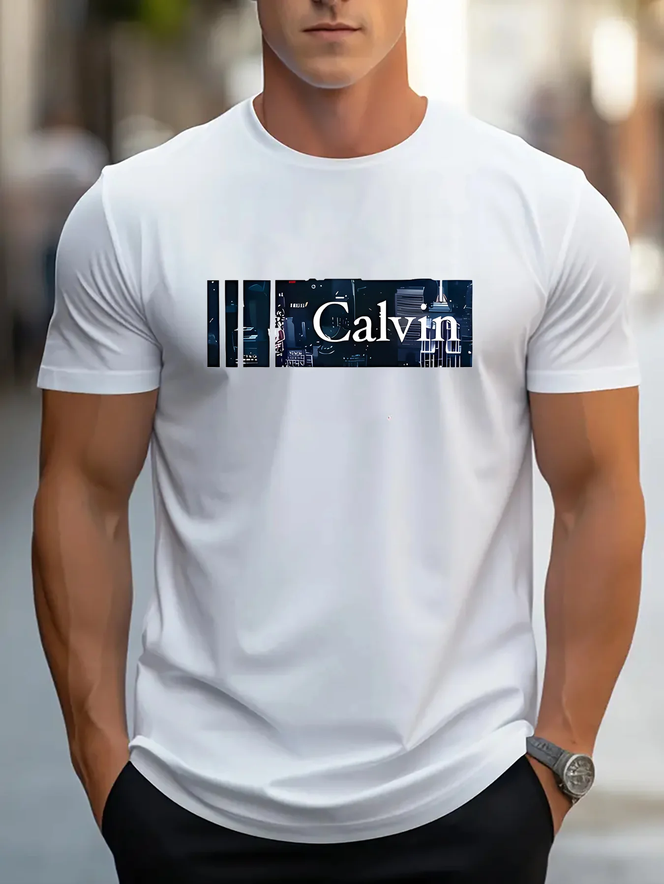

Men's summer 100% pure cotton Calvin letter graphic print fashionable casual loose round neck short sleeved T-shirt top