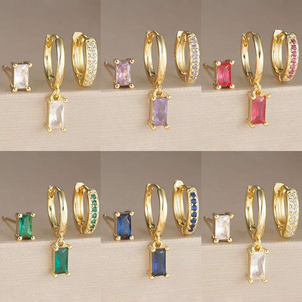 أقراط الزركون المستطيلة الجديدة عبر الحدود الأوروبية والأمريكية، أقراط الزركون الملونة المرصعة بشكل دقيق، مجموعة أقراط هندسية