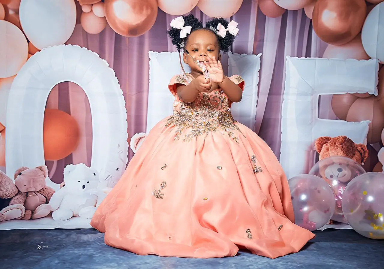 Abito da ragazza di fiore rosa pesca per la festa di nozze Abito da prima comunione principessa con perline di cristallo personalizzato