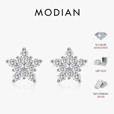 MODIAN D 컬러 눈부신 Moissanite 귀걸이 925 스털링 실버 유행 귀여운 눈송이 스터드 귀걸이 여성을위한 파인 쥬얼리