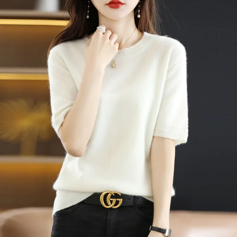 

Knitted Sweater Women Pullovers New Short Sleeve Sueters De Mujer Black O-Neck Knit Sweater Pullover Women Tops Knitwears Q3392
