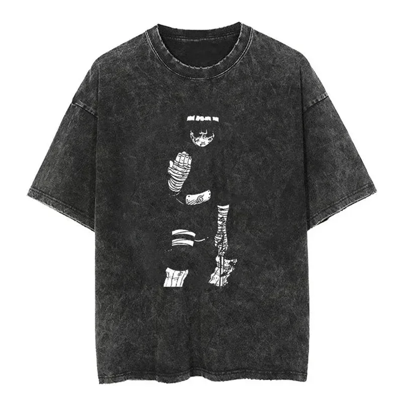 Streetwear Men Tshirt Japanese Anime Graphic Vintage Washed Black T Shirt Men Cotton Short Sleeve T-Shirt Loose Tops Tees Naruto