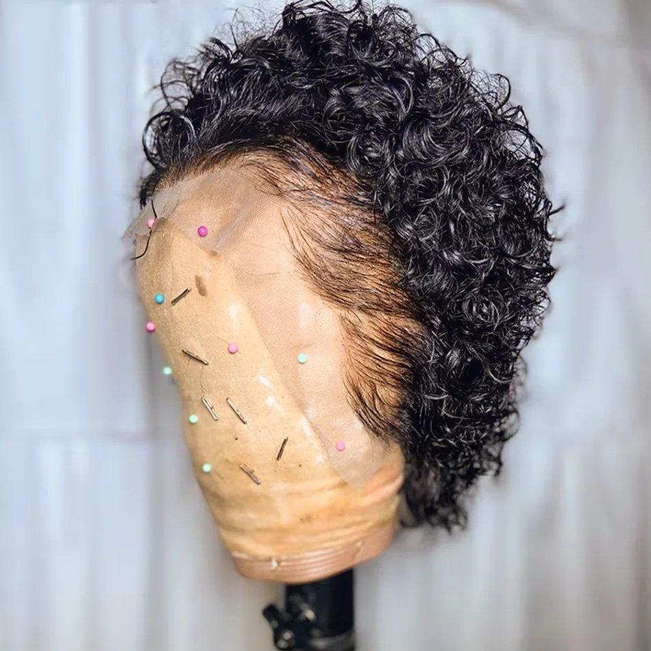 230% Density 13x4 Lace Front Pixie Cut Curly Human Hair Wigs Natural Black Color Virgin Human Hair 13x1 Lace Frontal Wigs Pixie Curly Bob Wigs For Women