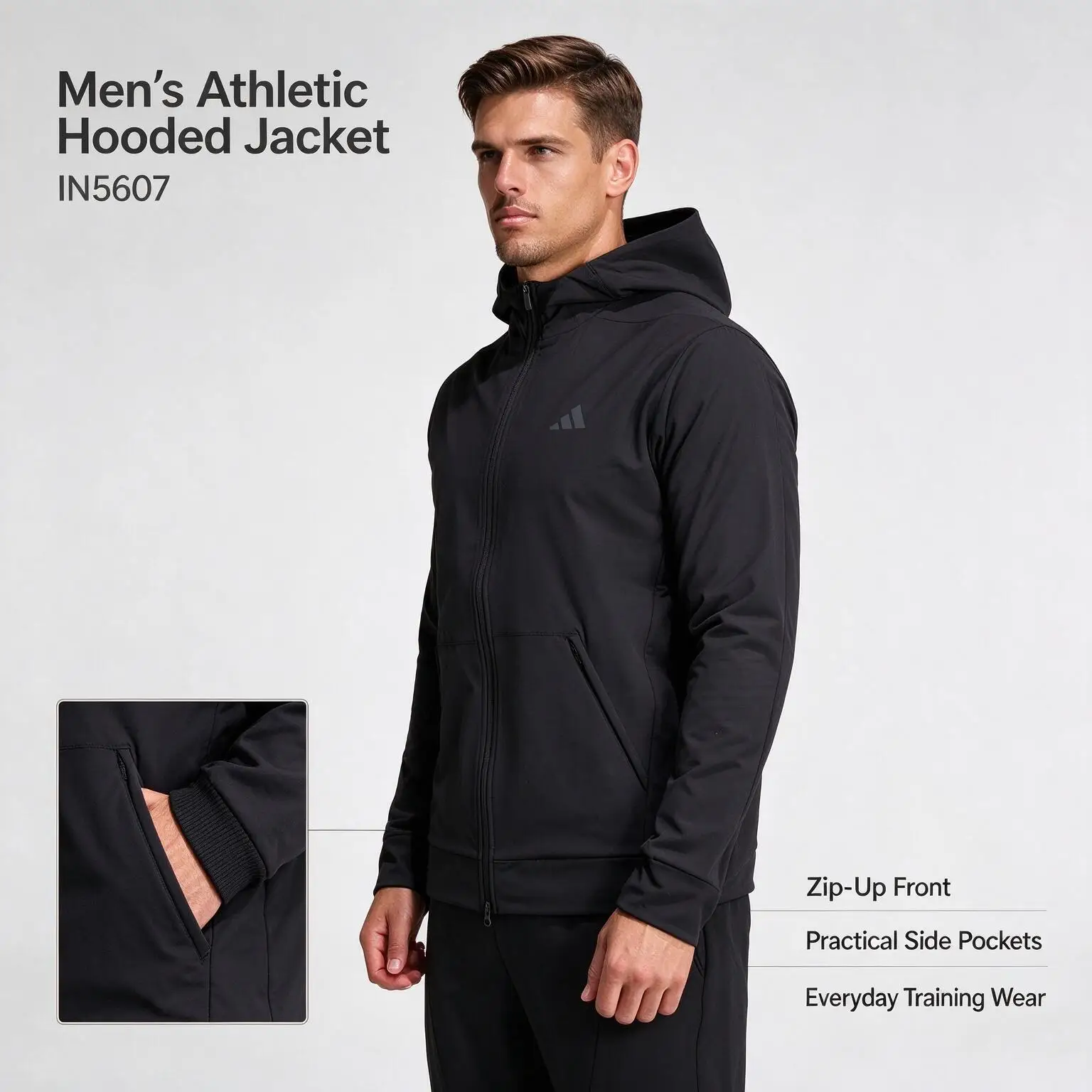 Adidas Men's Full-Zip Hooded Jacket IN5607 Black Lightweight Woven Fabric Side Pockets Casual Sports Outerwear