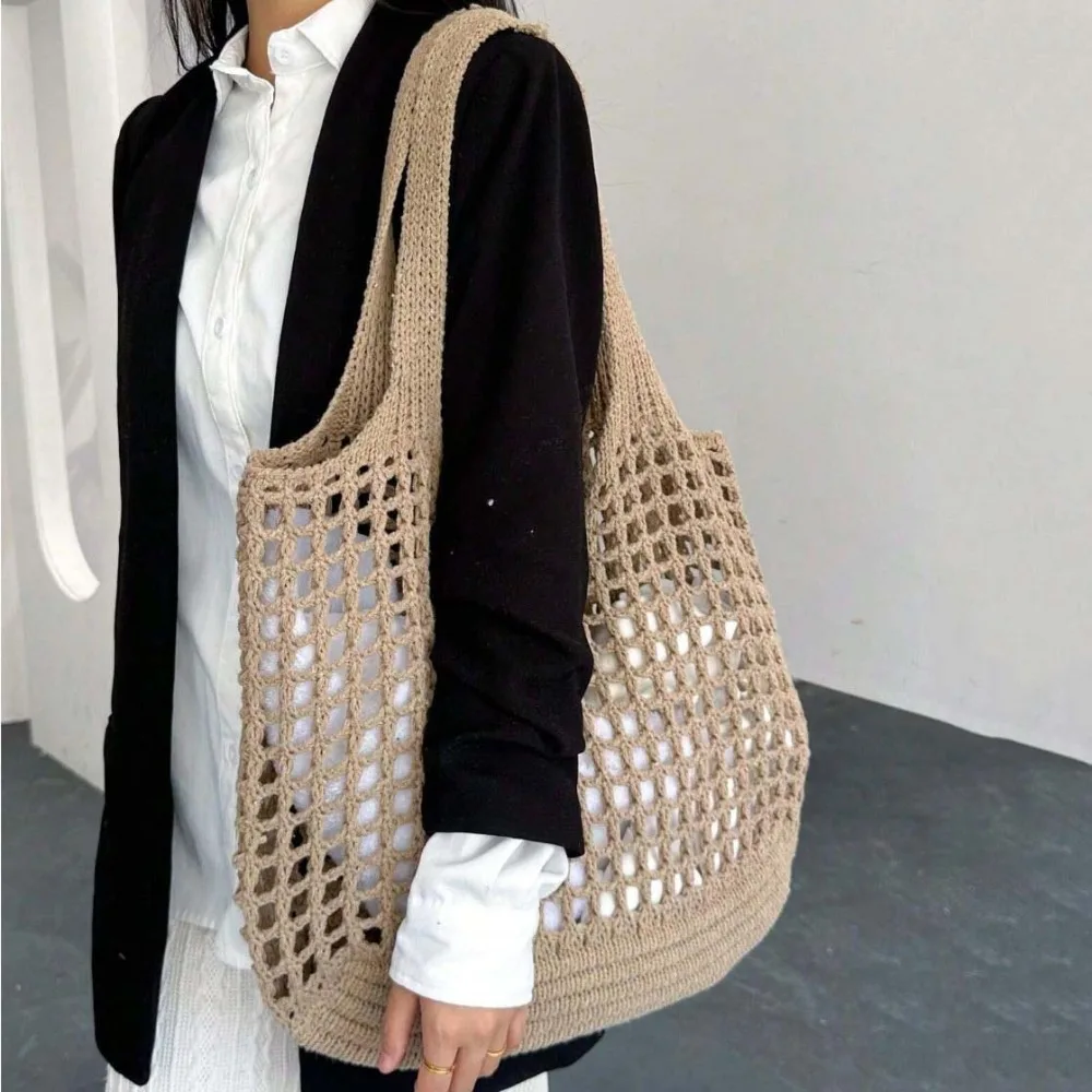 

Trendy Sweet Woven Tote Bag Breathable Large Capacity Shopping Straw Bag Solid Color Apricot Summer Beach Handbag Storage