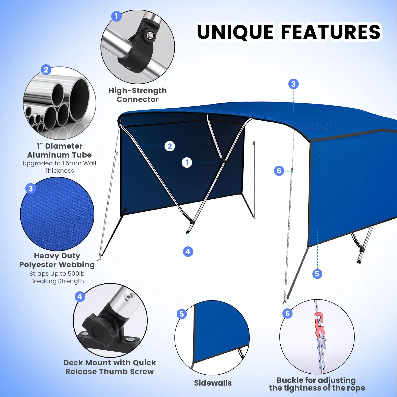 3 Bow Boat Bimini Top Cover, Sun Shade Boat Canopy with 2 Removable Side Curtains, 4 Adjustable Windproof Ropes, Durable Marine