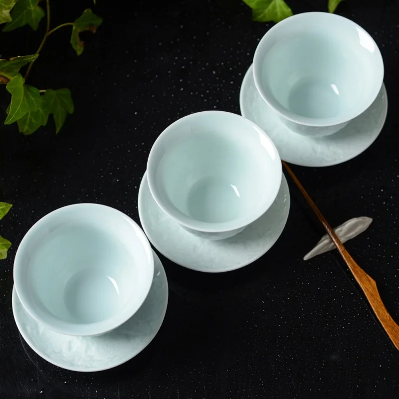 ★Jingdezhen Hand-Carved Misty Blue Ceramics Interlock Branch Lotus Saucer Cup Saucer Kung Fu Tea Ceremony Tea Set Coasters