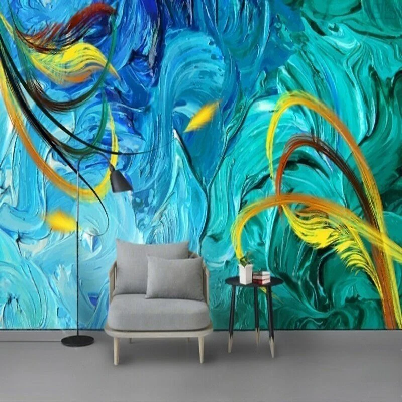 Fresh and serene blue paint watercolor feather TV luxurious home decoration bedroom background wall