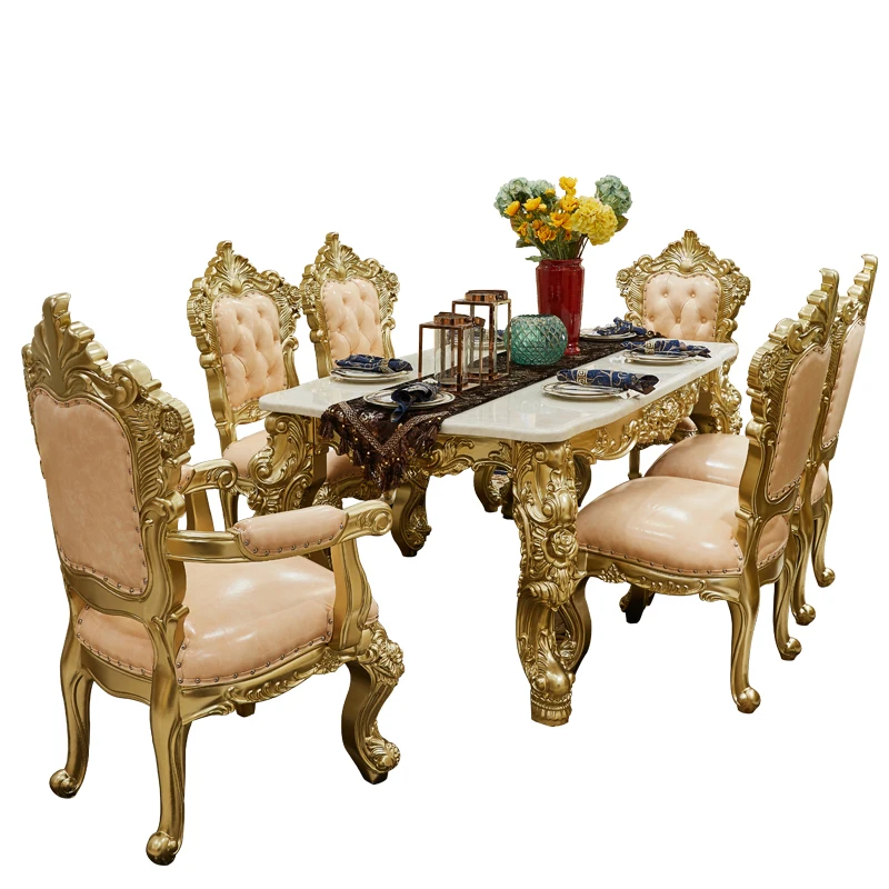 European classic style hand carved Luxury solid wood dining table dining room furniture with dining chairs