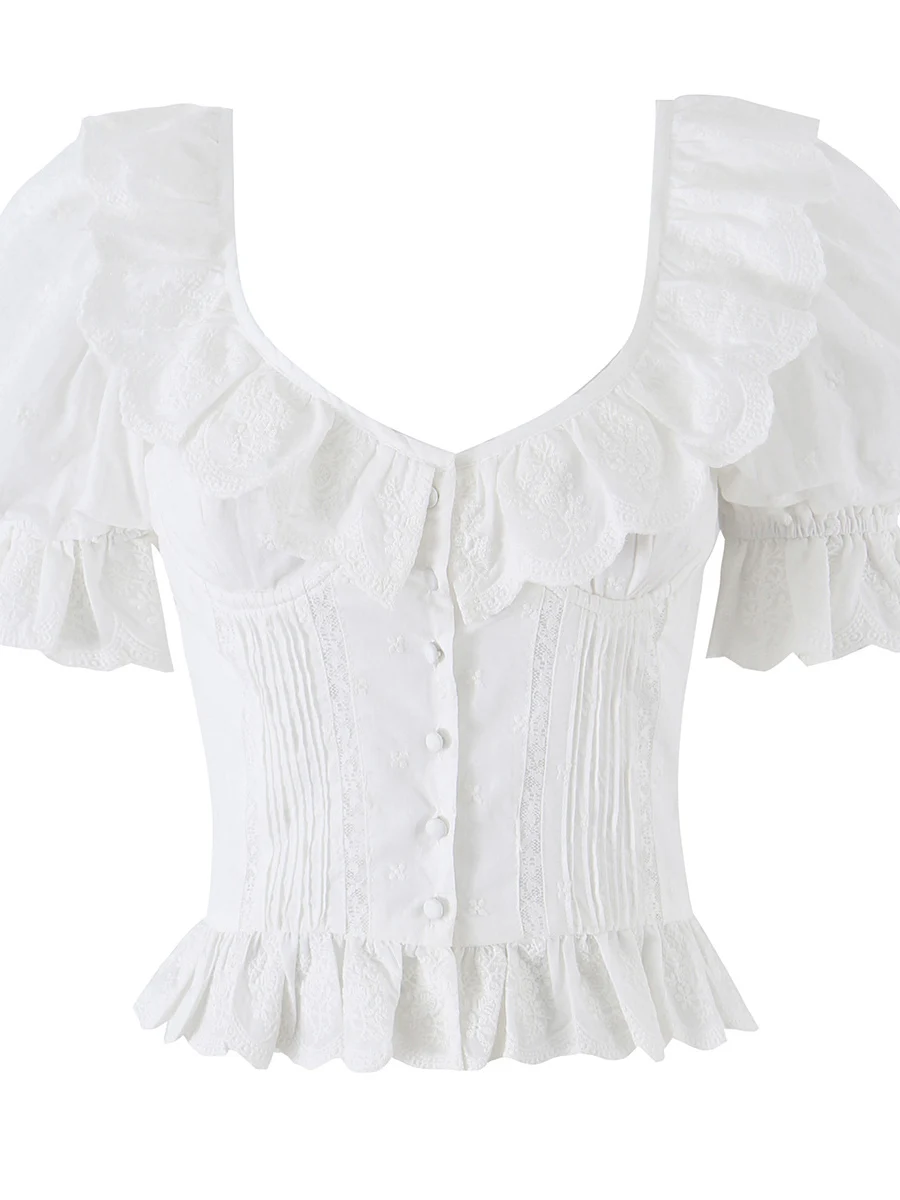 

French Style Embroidered Cotton Bubble Sleeve Shirt Women's Slim Fit Short Length Top Hollow out Design Sweet Style White