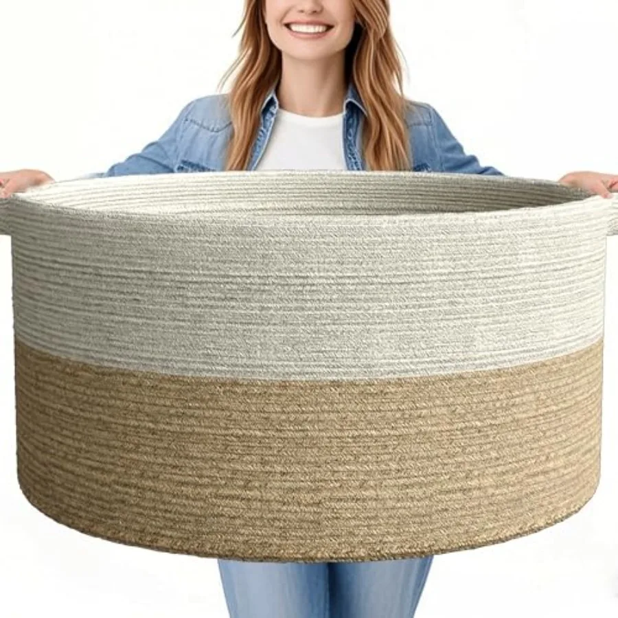 

125L Extra Large Blanket Basket, 25" x 16", Jumbo Laundry Woven Baskets Decorative Home, Cotton Rope Basket with Handles, Baby