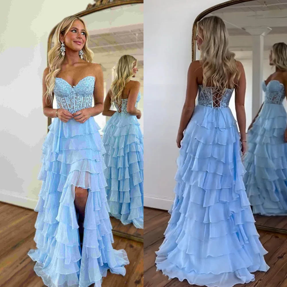 Sexy Exquisite Strapless Ball Gown Tiered Appliques Beading Chiffon Bespoke Occasion Dresses Evening 